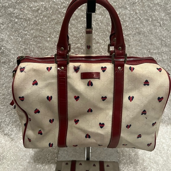 Authentic Gucci White Red Blue Heart Coated Canvas Joy Boston Bag Satchel. - Picture 1 of 15